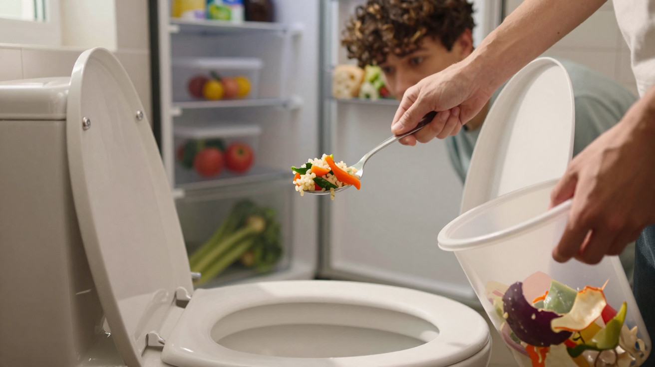 Person entsorgt Essensreste aus einem Eimer neben offenem Kühlschrank in die Toilette.