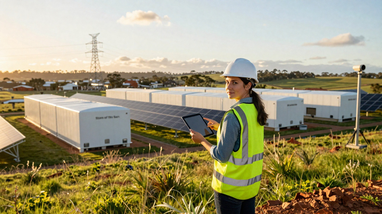 Frau mit Schutzhelm und Warnweste auf Solarfarm mit Solarpanelen und Containern bei Sonnenuntergang