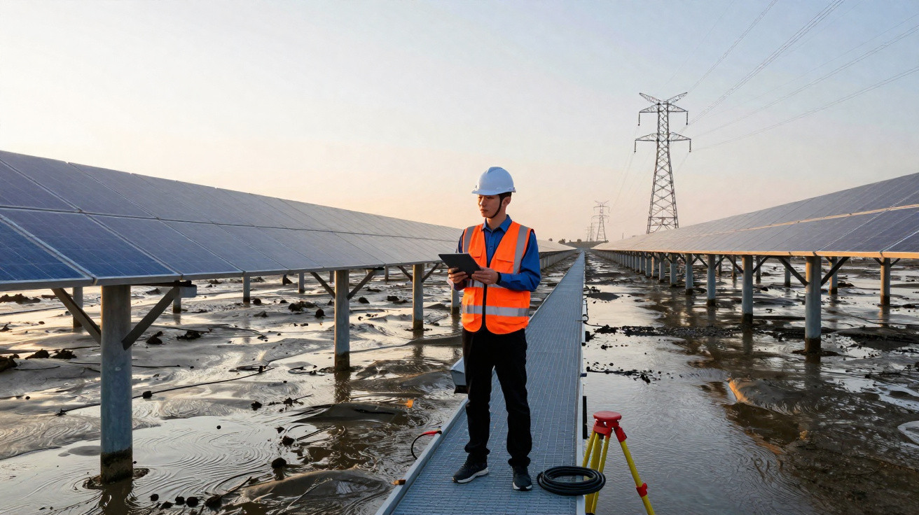 Ein Mann mit Helm und Warnweste überprüft Solarpanels auf einem schwimmenden Solarfeld bei Sonnenuntergang.
