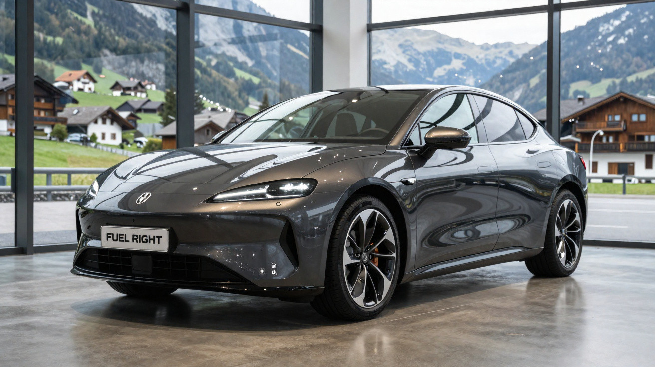 Graues Elektroauto steht in einem modernen Showroom mit Berglandschaft und Häusern im Hintergrund.