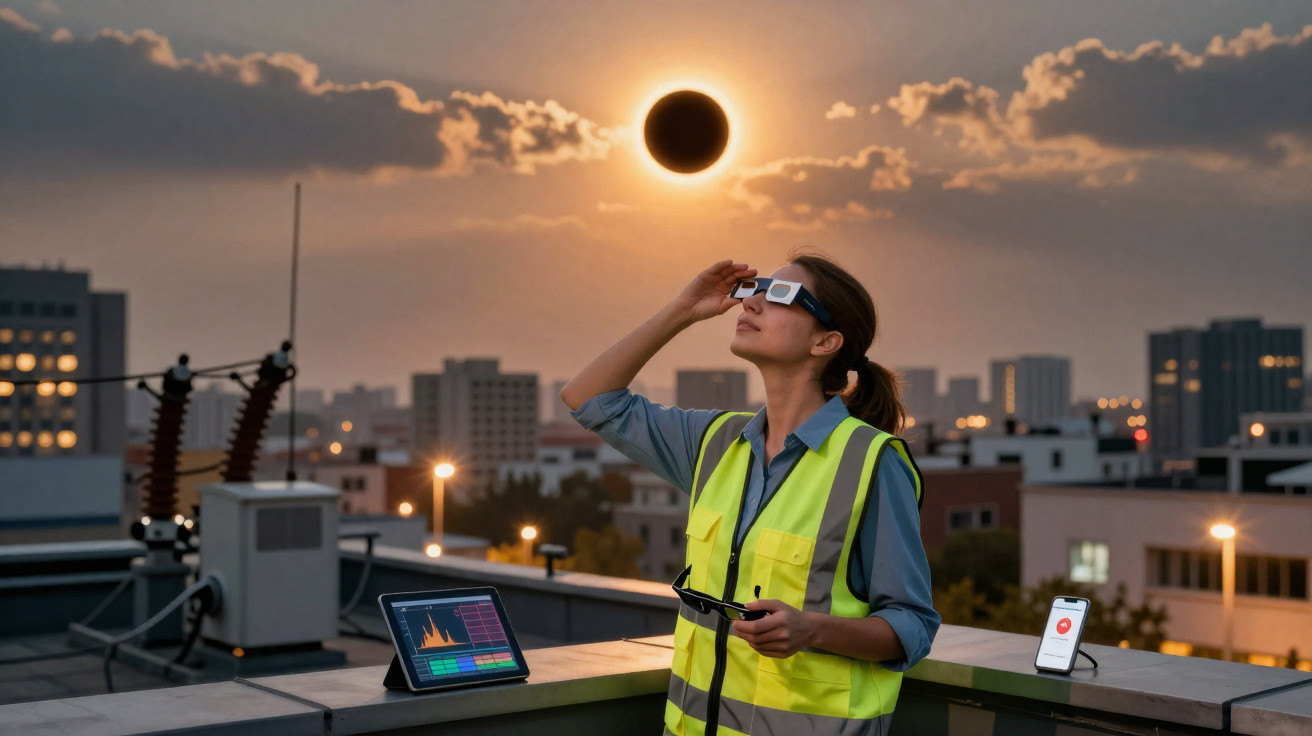 Frau mit Schutzbrille beobachtet partielle Sonnenfinsternis von Dach mit Tablets und Stadt im Hintergrund.