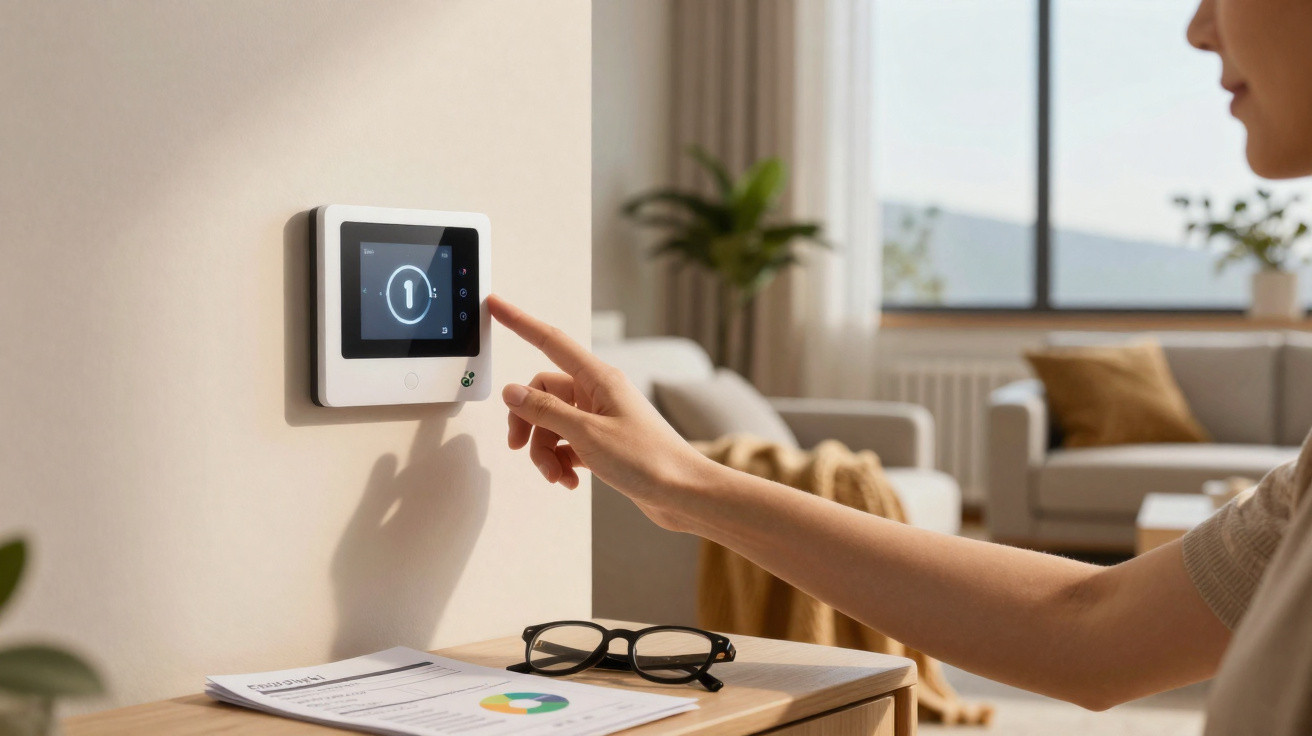 Person stellt smarten Thermostat an der Wand in modernem Wohnzimmer ein