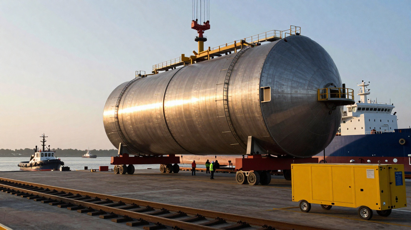 Großer metallischer Behälter wird in Hafenanlage mit Kränen verladen, Arbeiter stehen daneben.