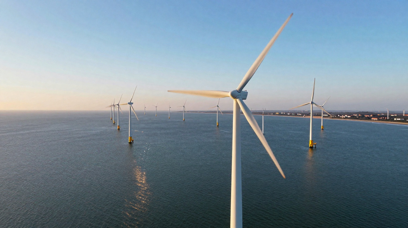 Offshore-Windpark mit mehreren Windkraftanlagen im Meer bei klarem Himmel und flachem Küstenstreifen im Hintergrund.