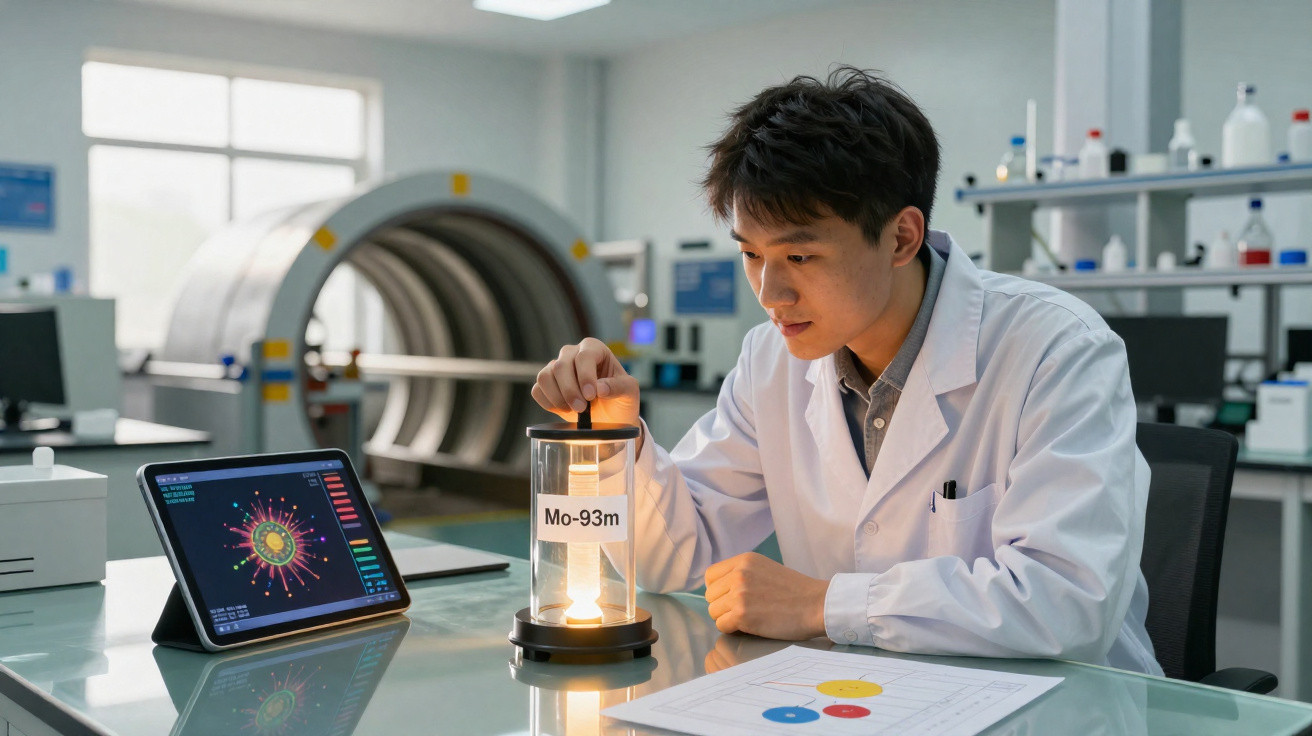 Wissenschaftler im Labor untersucht leuchtendes Objekt mit Beschriftung „Mo-93m“ neben Tablet mit wissenschaftlicher Grafik.