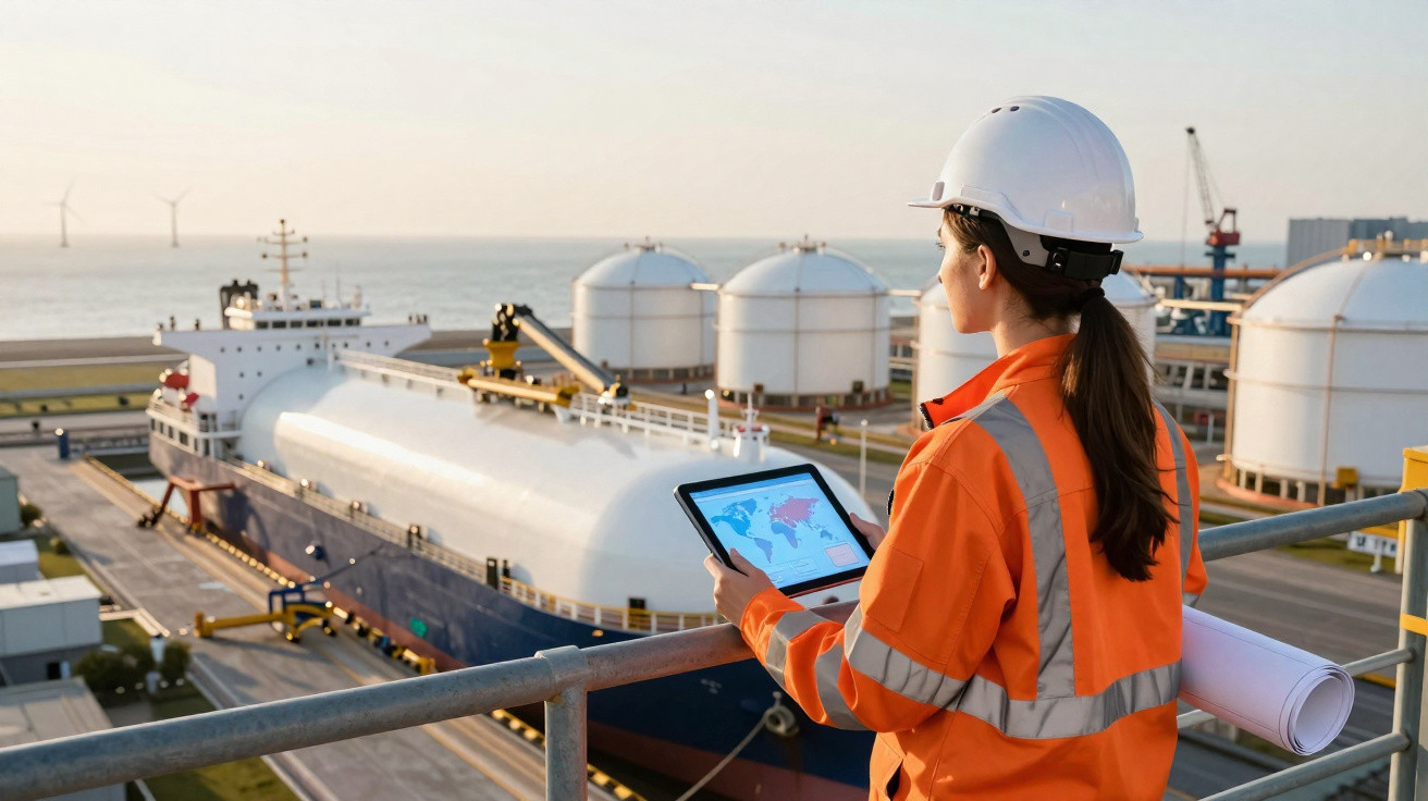 Frau in Schutzhelm und Warnweste prüft Tablet am Hafen mit Flüssiggastanker und Speichertanks im Hintergrund.
