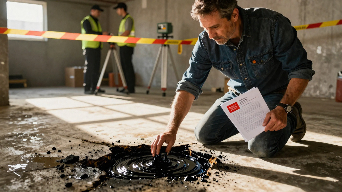 Mann untersucht Öllaustritt auf Boden in Baustelle, zwei Sicherheitsmitarbeiter im Hintergrund.