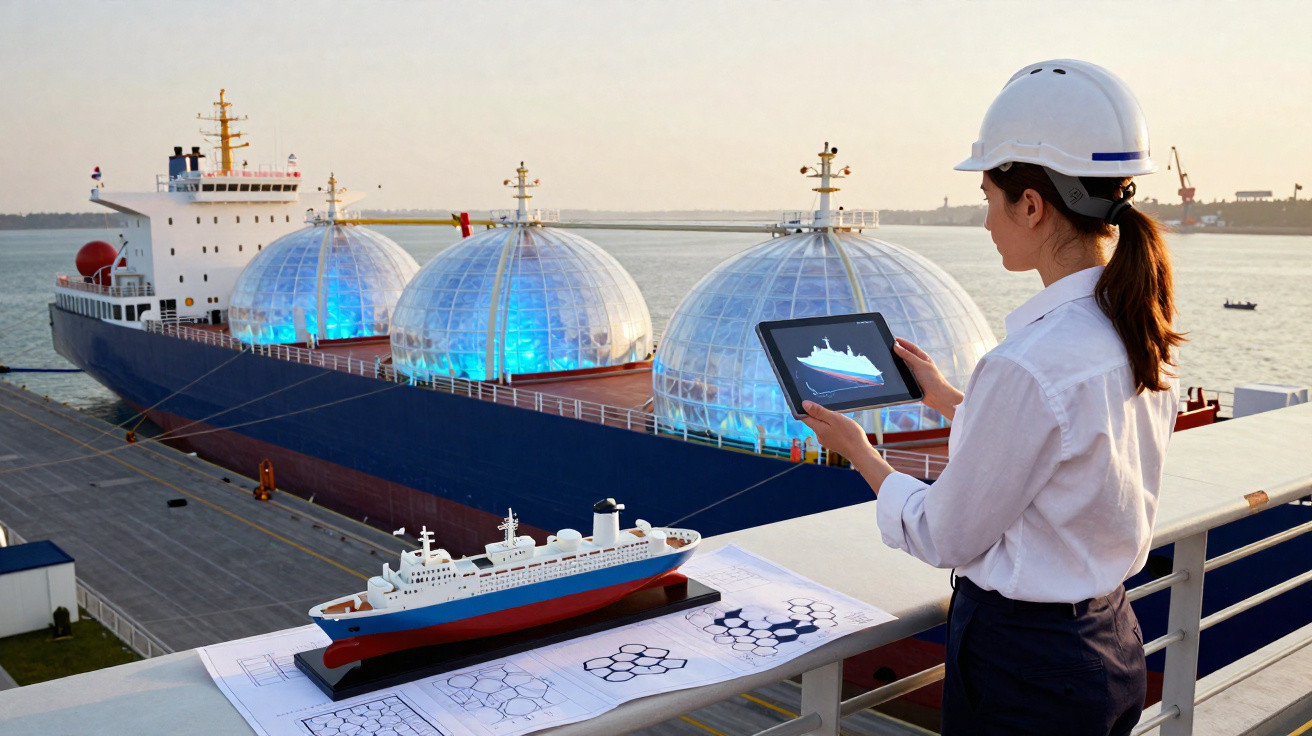 Ingenieurin mit Schutzhelm stehend an Geländer, betrachtet digitales Modell eines Schiffes vor actualem Schiff mit transparen