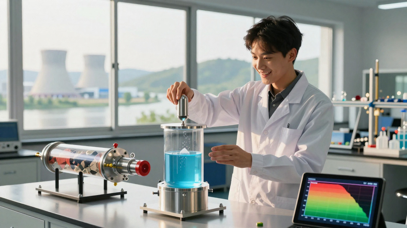 Junger Wissenschaftler im Labor arbeitet an experimenteller Flüssigkeit mit moderner Apparatur.