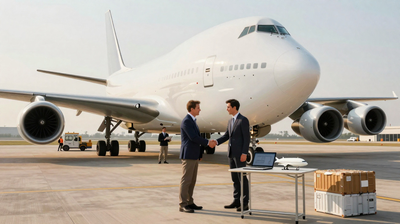 Zwei Männer schütteln sich vor einem großen Flugzeug auf dem Flughafen die Hand, neben einem Tisch mit Laptop und Modellflugz