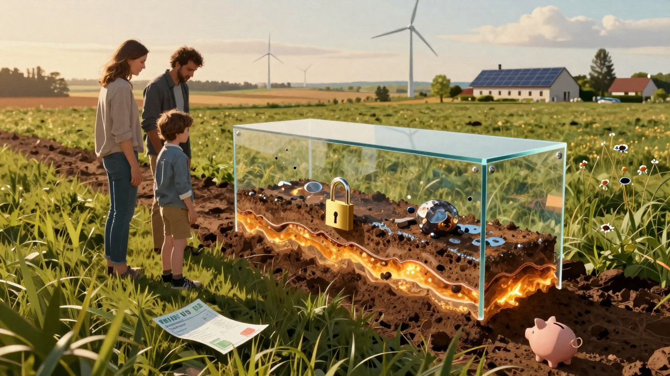 Familie betrachtet Bodenquerschnitt mit Metallschloss und Erdkern in Glasbehälter auf Feldern mit Windrädern und Solaranlage.