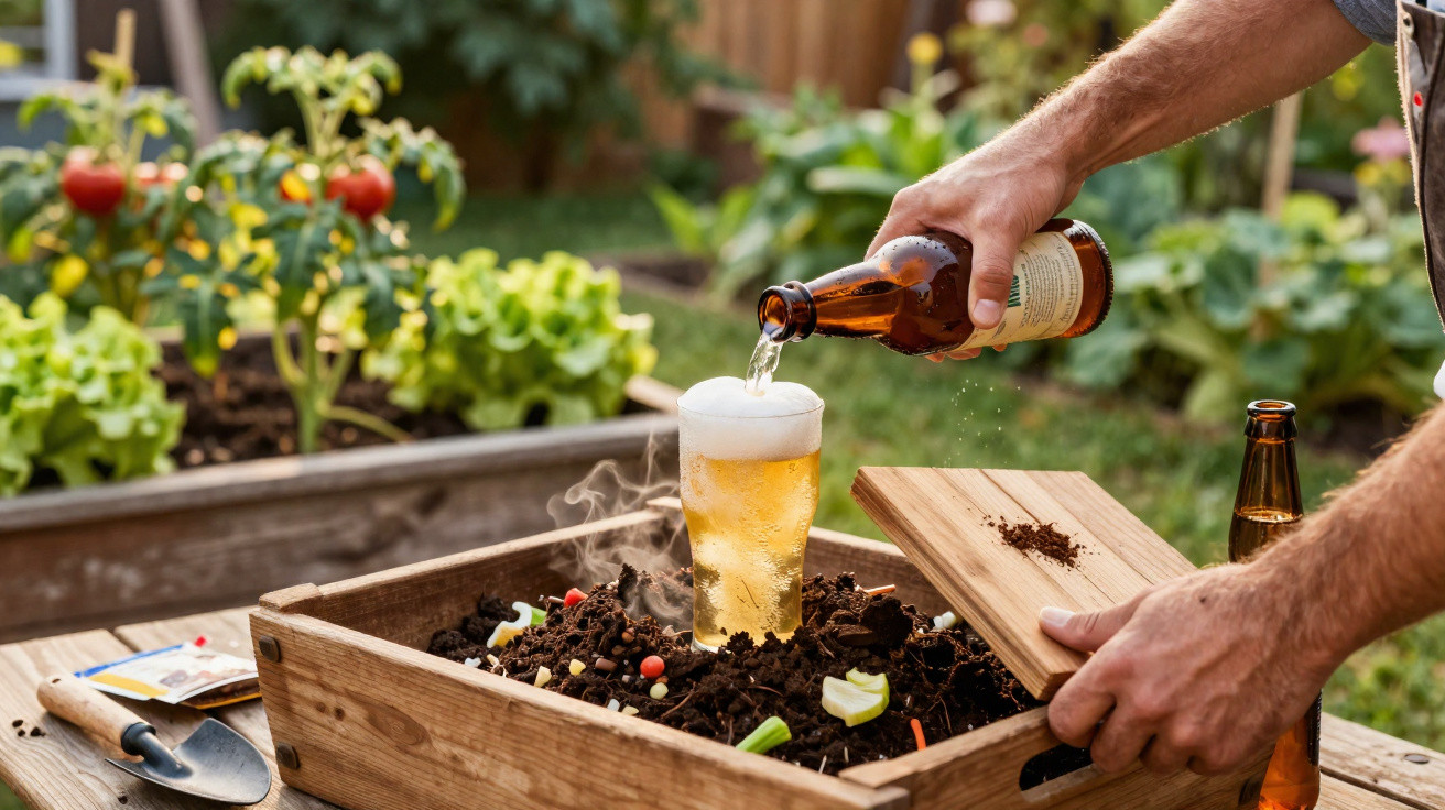 Person gießt Bier in ein Glas, das in einem mit Erde und Kompost gefüllten Holzkasten steht.