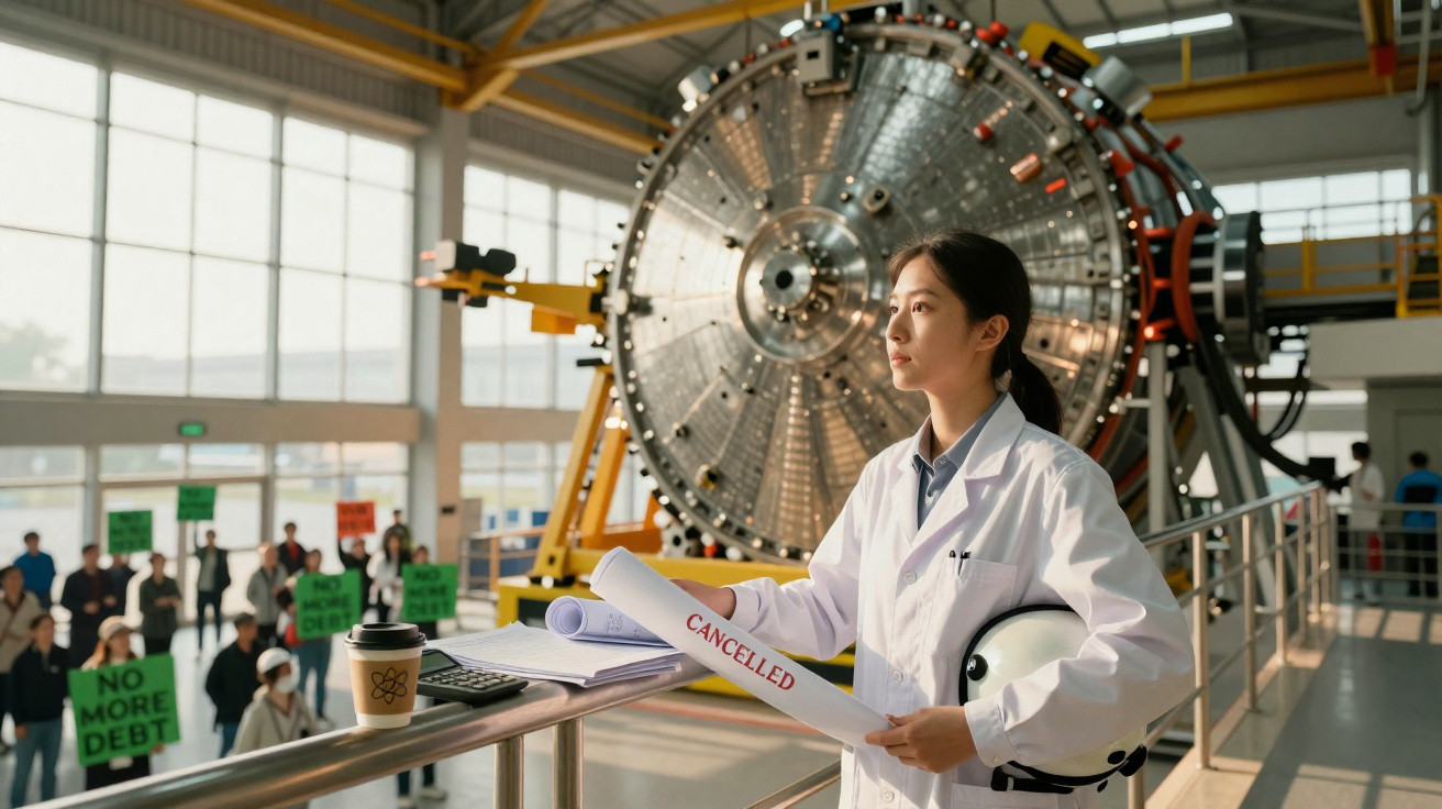 Ingenieurin in weißem Kittel mit Helm und „Cancelled“-Plänen vor großer technischer Maschine in Industriehalle.