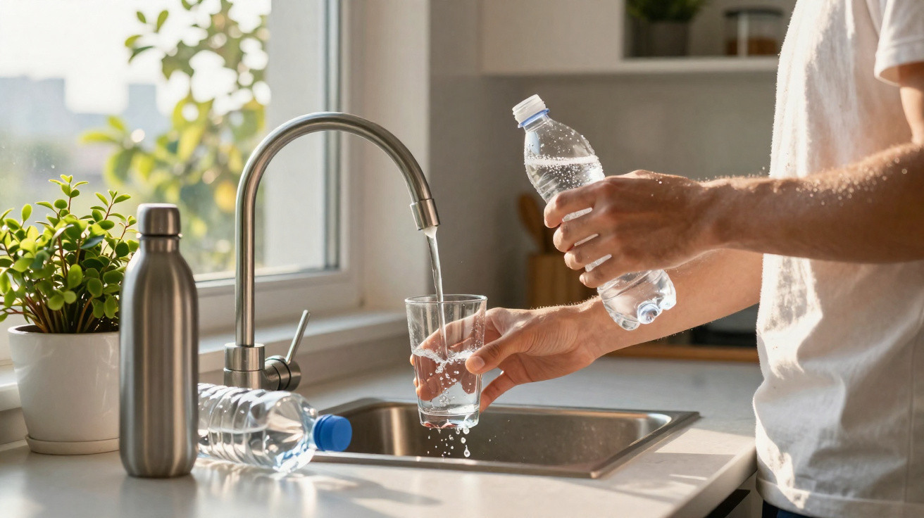 Person füllt Glas mit Wasser am Küchenwasserhahn, neben Trinkflasche und Pflanze auf Fensterbank.