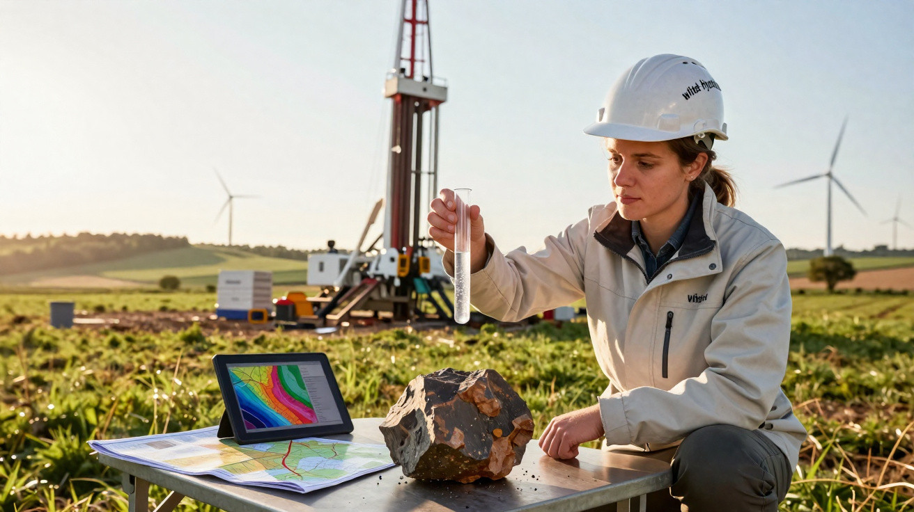 Geowissenschaftlerin mit Helm analysiert Gesteinsprobe im Feld vor Bohrturm und Windrädern bei Sonnenuntergang.