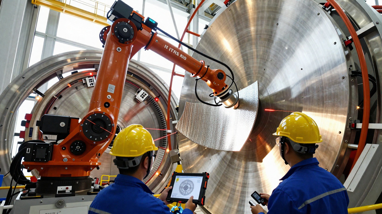 Industrieroboter und zwei Arbeiter mit Schutzhelmen prüfen Bauteil vor großem Metallzylinder in Fabrikhalle.