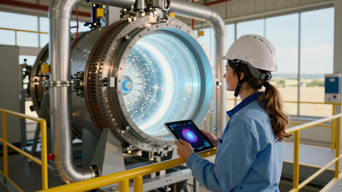 Ingenieurin mit Helm und Tablet überwacht futuristische Maschinenanlage in Industriehalle.