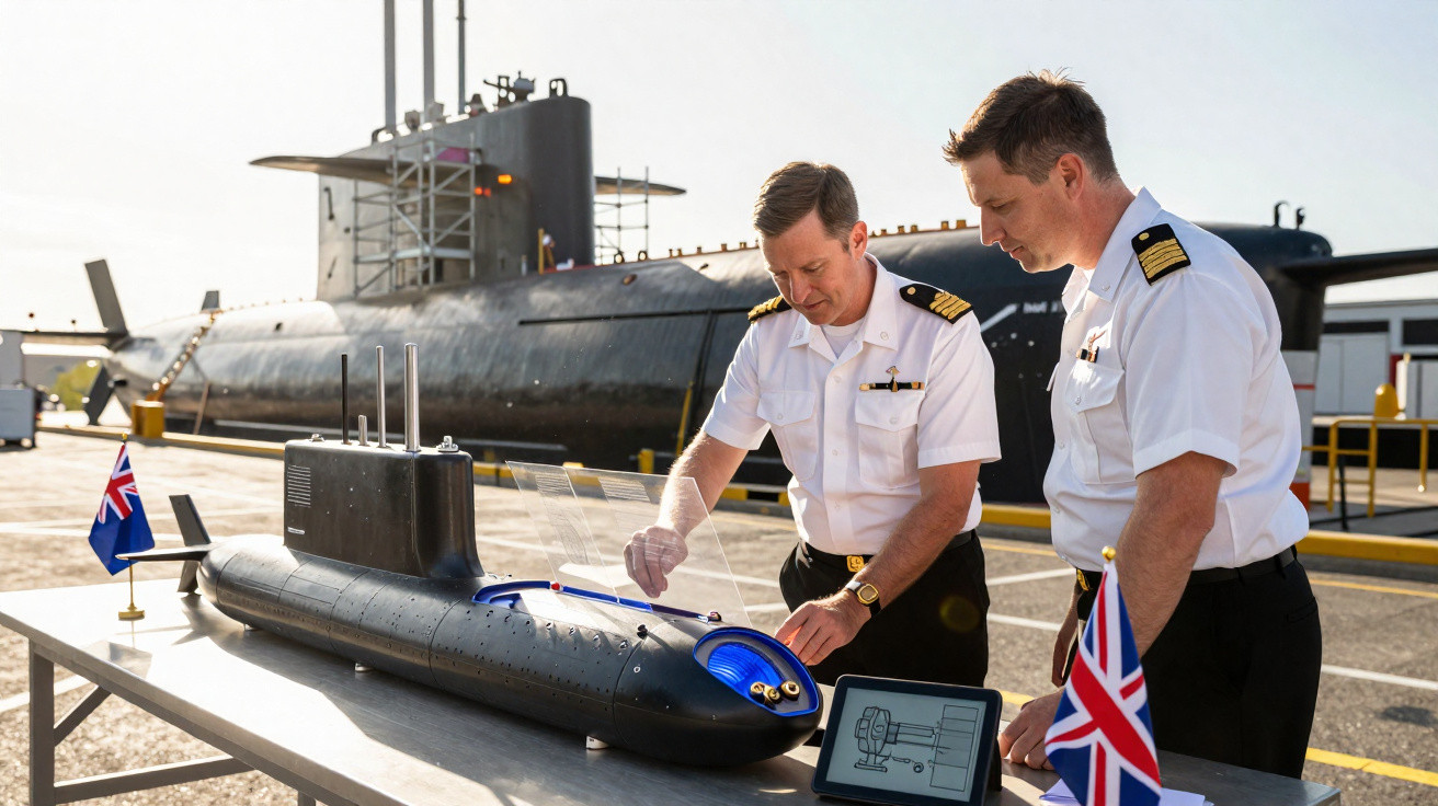 Zwei Marineoffiziere überprüfen ein U-Boot-Modell auf einem Tisch neben einer echten U-Boot-Kulisse.