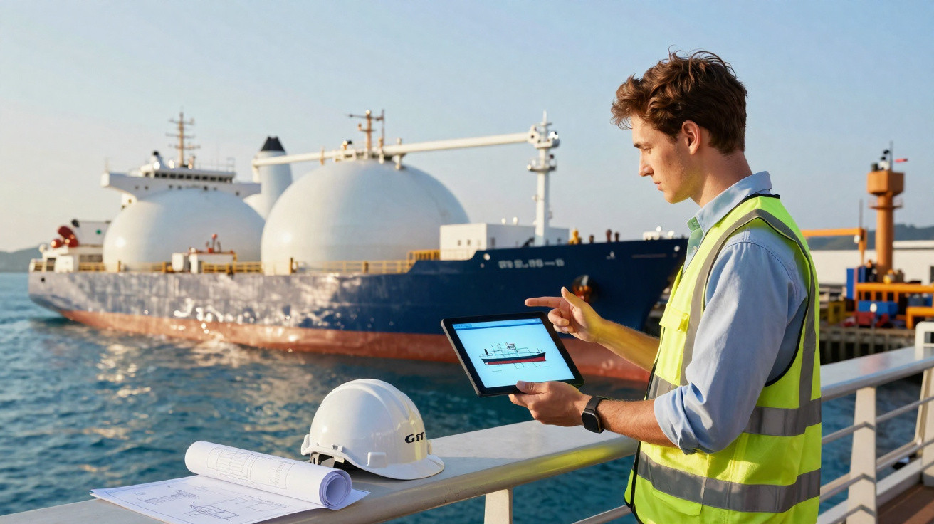 Ingenieur mit Warnweste und Tablet am Hafen stehend, vor einem Flüssiggastank-Schiff im Wasser.