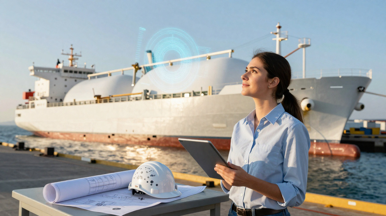 Frau mit Tablet vor LNG-Tanker am Hafen, Schutzhelm und Baupläne auf Tisch.