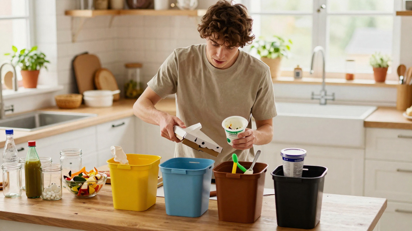 Junger Mann sortiert Müll in farbige Recyclingbehälter auf einer Küchentheke.