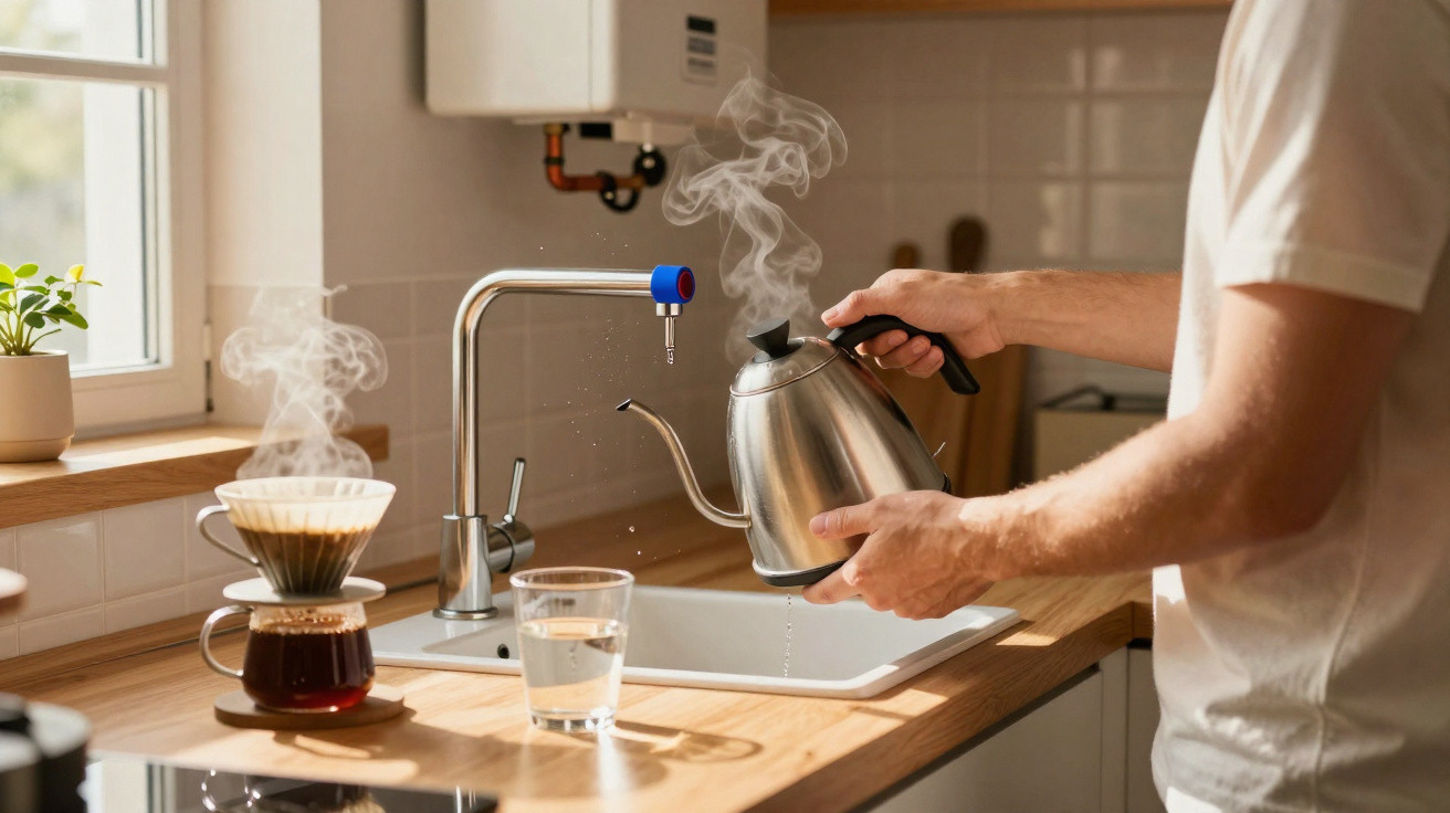 Person gießt heißes Wasser aus einer Edelstahlkanne in einen Kaffeefilter in einer hellen Küche.