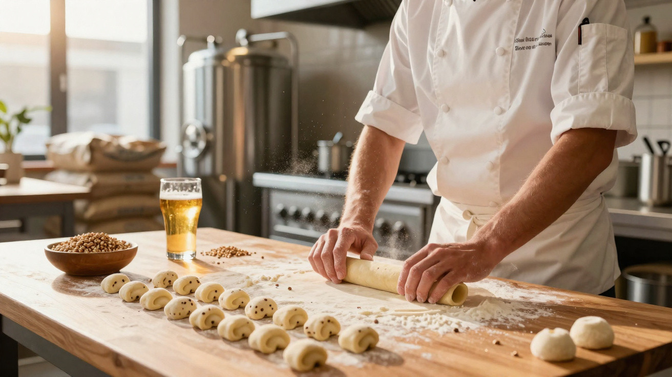 Bäcker rollt Teig aus, vor ihm viele kleine ungebackene Hefeteigstücke und ein Bierglas auf Holztisch.