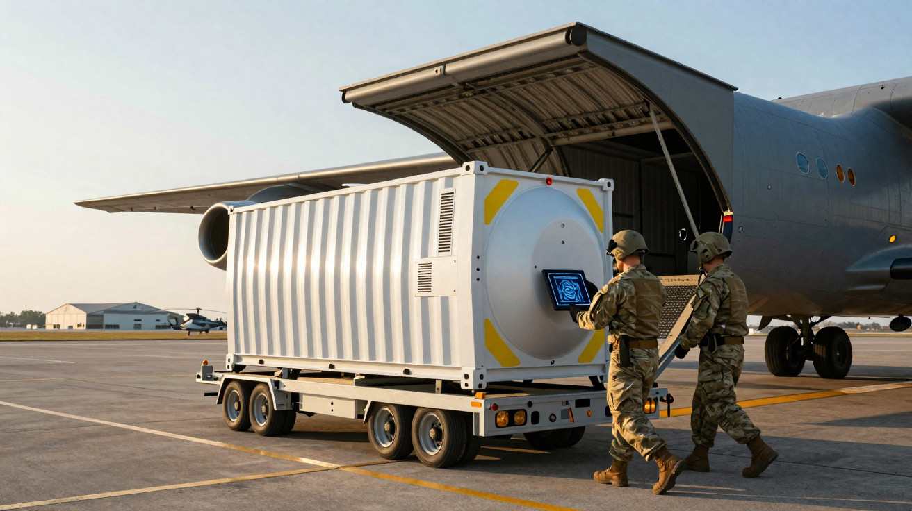 Zwei Soldaten kontrollieren digitalen Bildschirm an militärischem Container vor geöffnetem Frachtflugzeug auf Rollfeld.