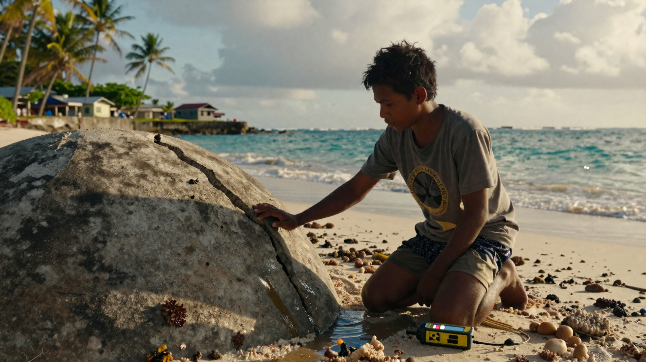 Junge kniet am Strand und untersucht eine große, gespaltene Kokosnuss mit Palmen und Meer im Hintergrund.