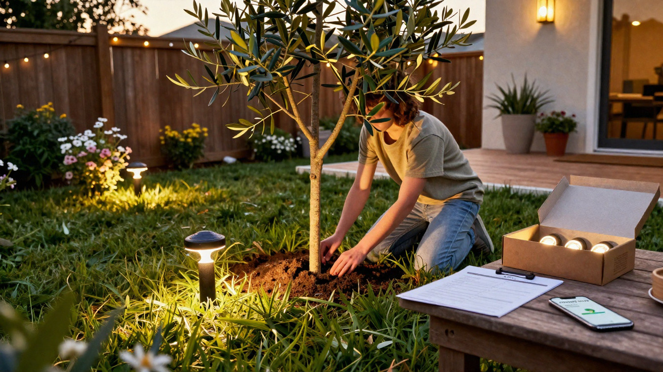 Person pflanzt jungen Baum im Garten bei Abendlicht mit Solarlampen und geöffnetem Karton auf Holztisch.
