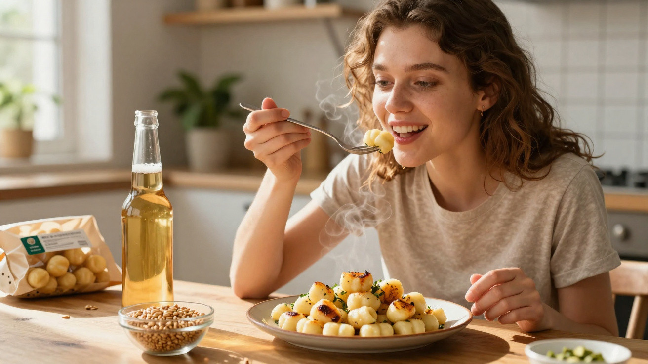 Junge Frau sitzt am Tisch und isst dampfende Gnocchi in moderner Küche mit Getränk.