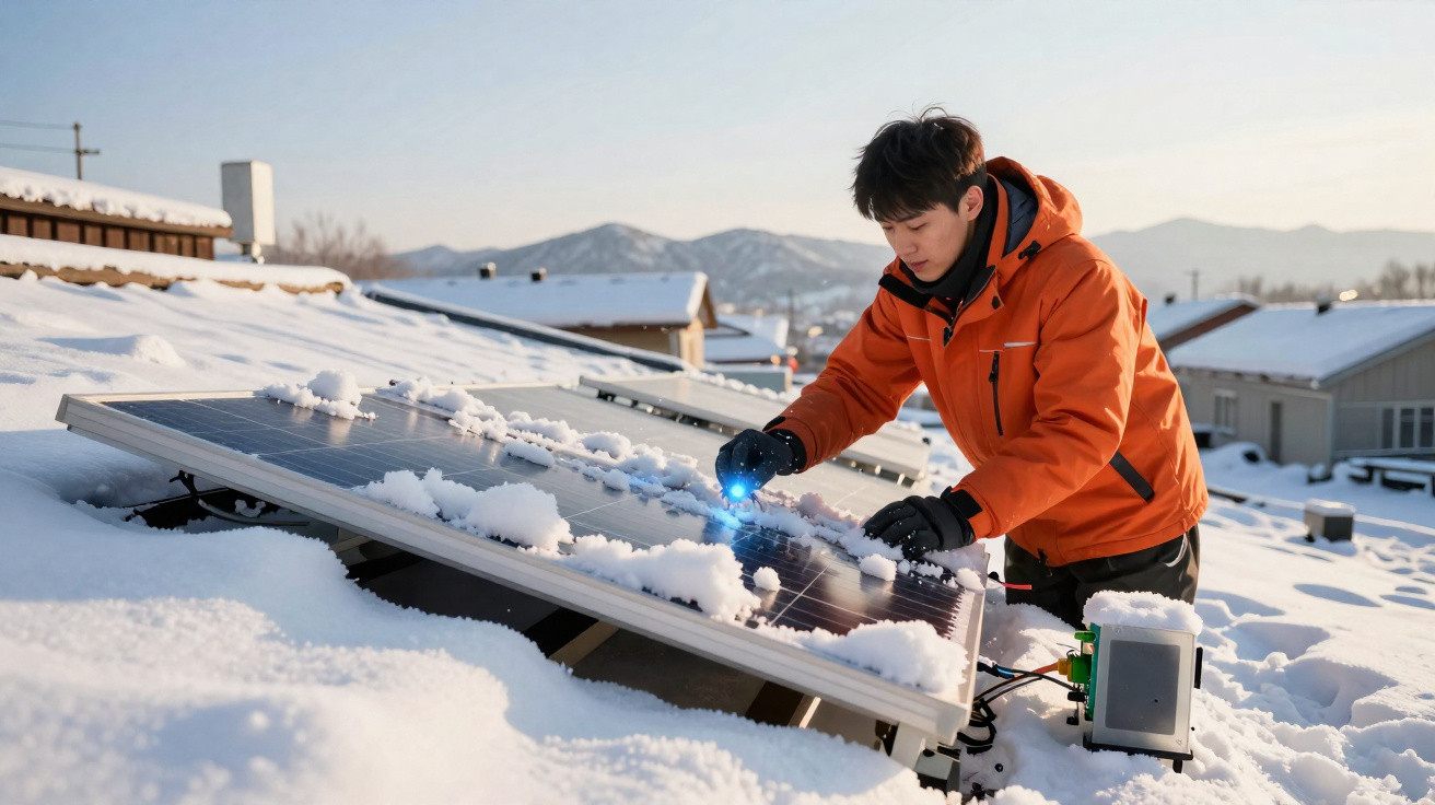 Mann im orangen Mantel reinigt Schnee von Solarpanel auf schneebedecktem Dach bei Bergpanorama.