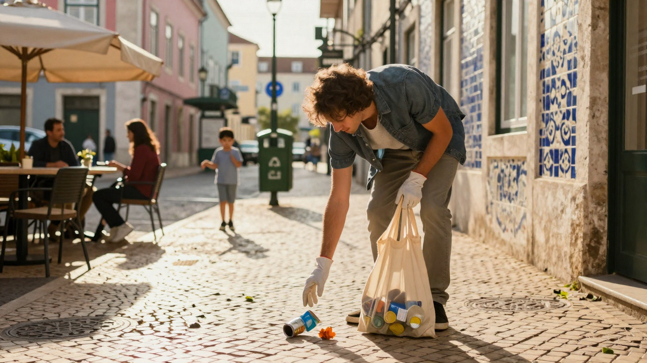 Junger Mann sammelt Müll auf einer sonnigen Kopfsteinpflasterstraße in einer belebten Stadt auf.