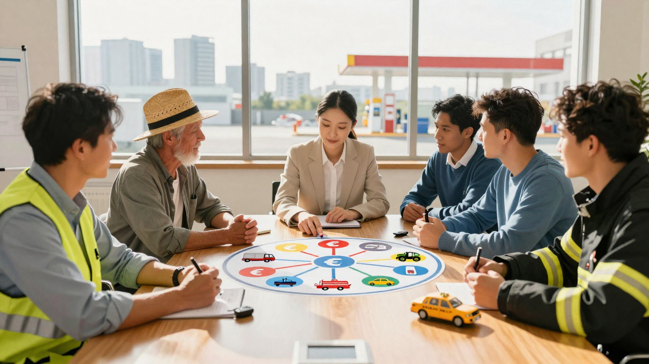 Gruppe von fünf Personen diskutiert am Tisch mit Schaubild und Spielzeugautos in hellem Büro mit Fenster.