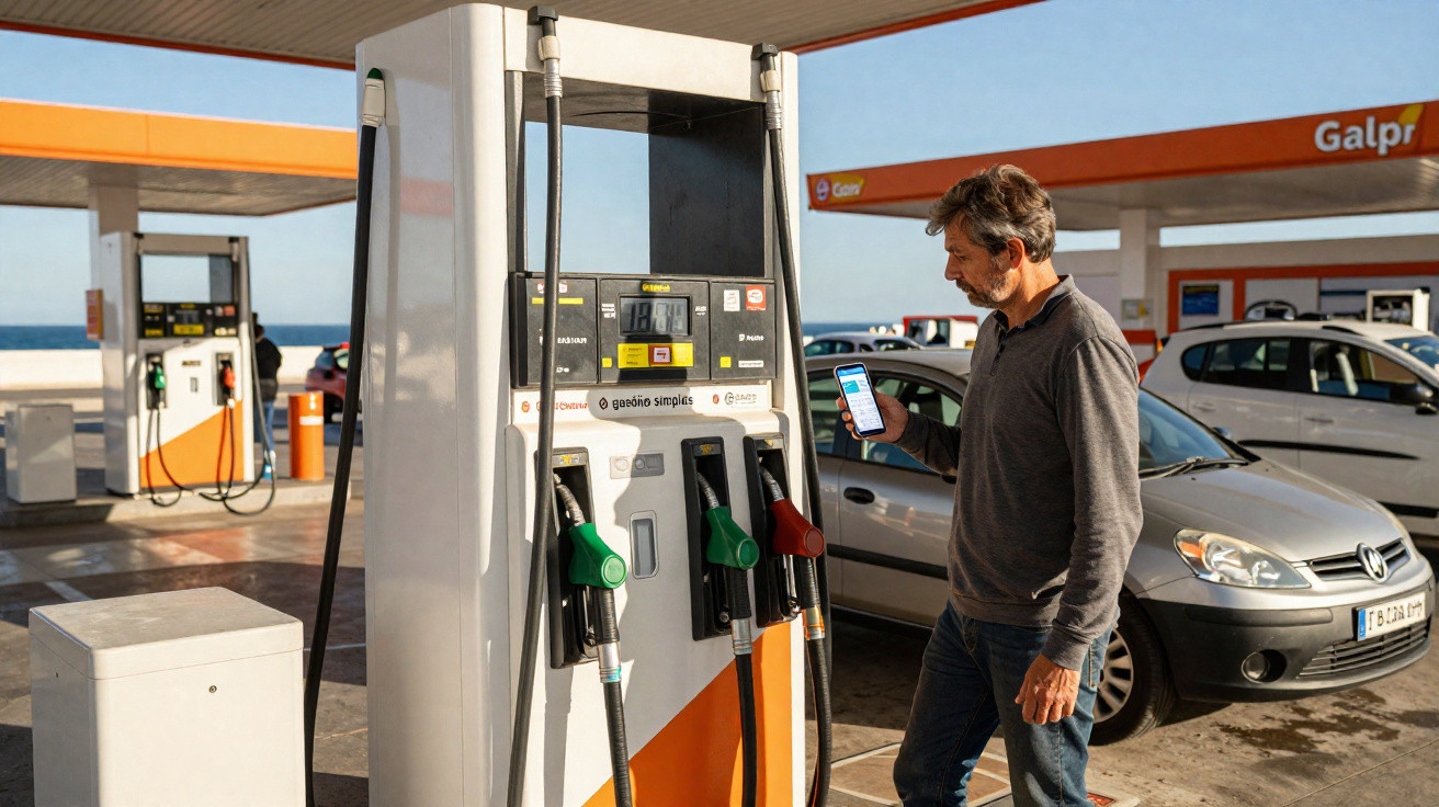 Mann an Tankstelle hält Smartphone, steht neben Zapfsäule mit verschiedenen Kraftstoffsorten.