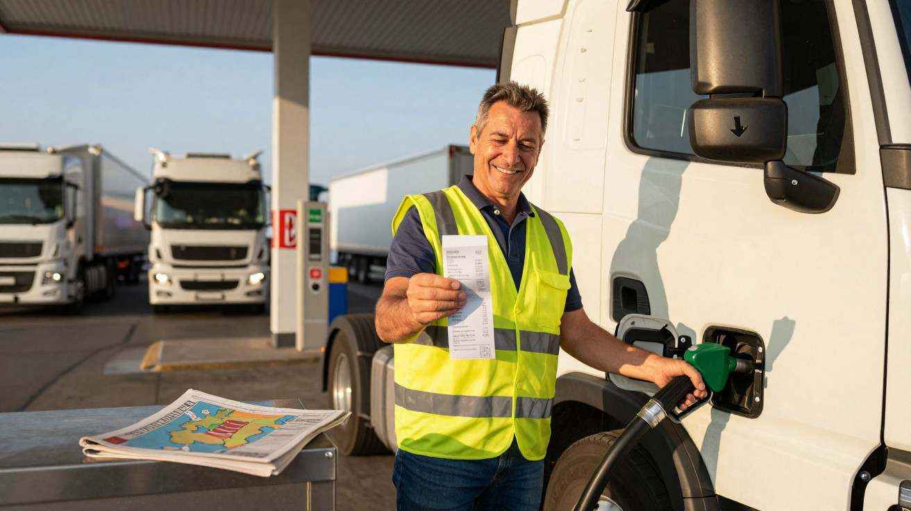Lächelnder Mann in Warnweste tankt Lkw an einer Tankstelle und zeigt Beleg in die Kamera.