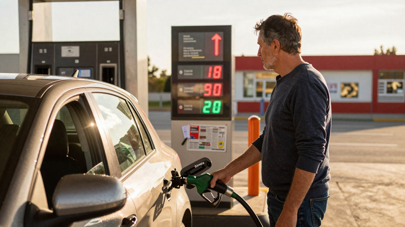 Mann tankt Auto an einer Tankstelle bei Sonnenuntergang, Preise auf Anzeigetafel im Hintergrund sichtbar.