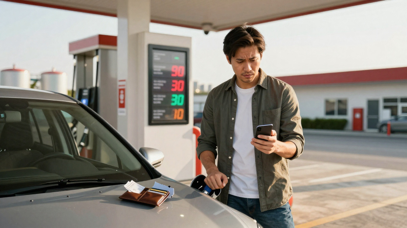 Mann tankt Auto an Zapfsäule und blickt auf Smartphone an einer Tankstelle im Freien.