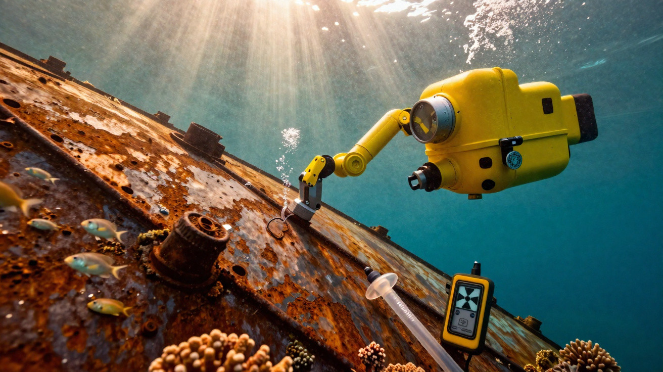Unterwasserroboter untersucht eine verrostete Metallstruktur auf dem Meeresboden bei Sonnenlicht.
