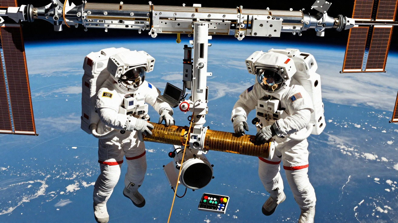 Zwei Astronauten in Raumanzügen arbeiten an der Außenseite einer Raumstation über der Erde.