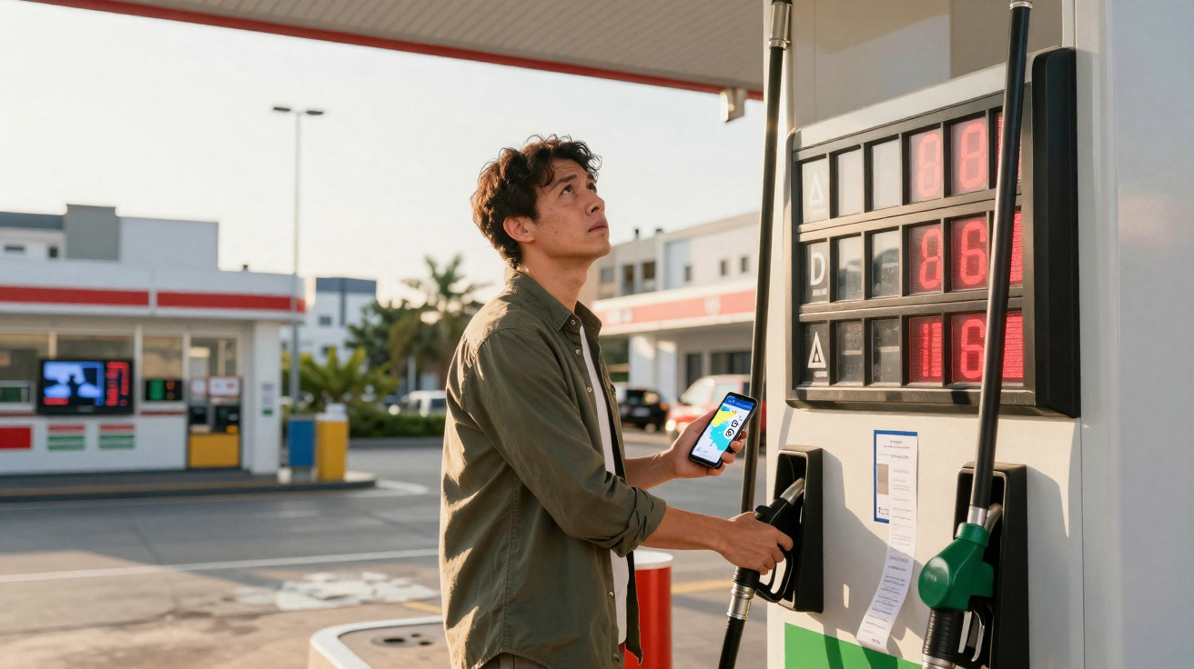 Junger Mann sieht auf Preistafel an Tankstelle und hält Zapfpistole sowie Smartphone in der Hand.