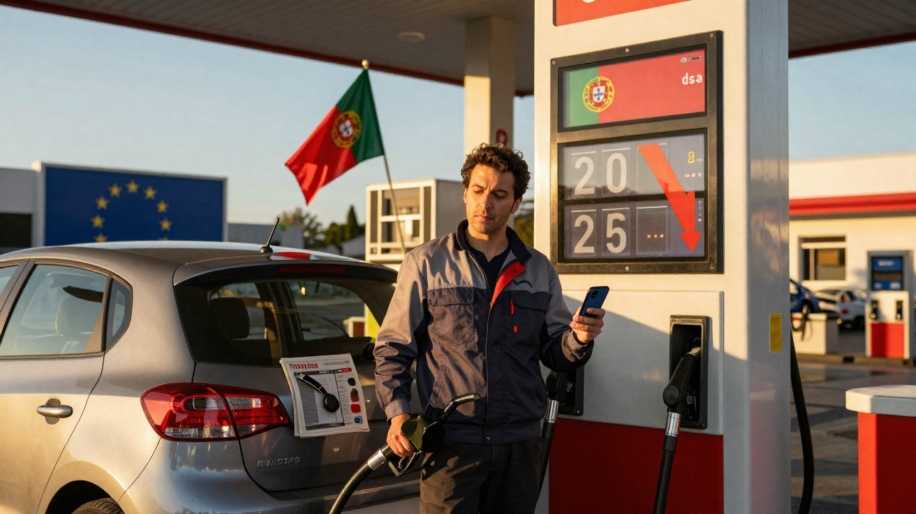 Mann steht an Tankstelle in Portugal, tankt Auto und blickt auf sein Handy bei fallendem Benzinpreis.