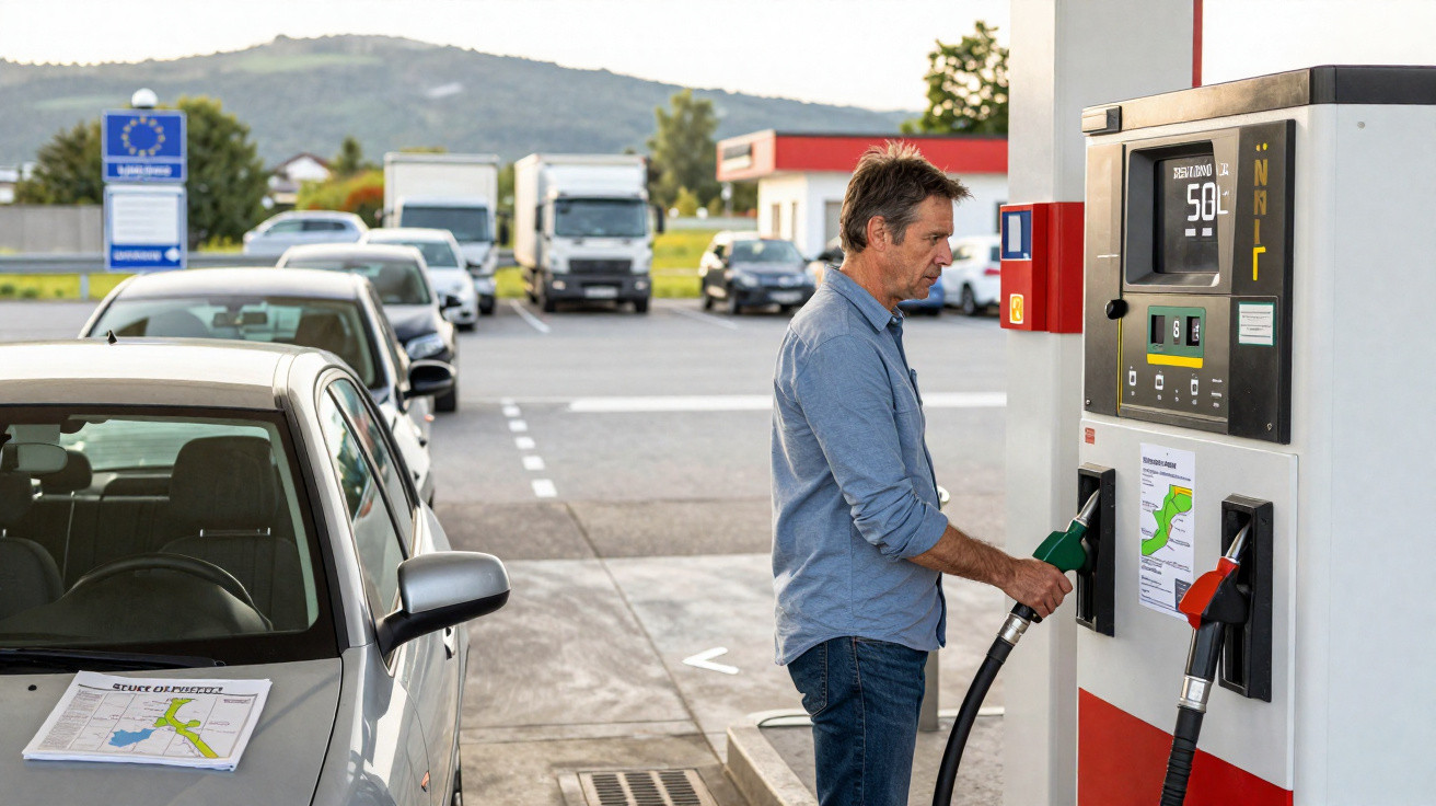 Mann betankt Auto an Zapfsäule an Tankstelle, weitere Fahrzeuge warten in Schlange im Hintergrund.