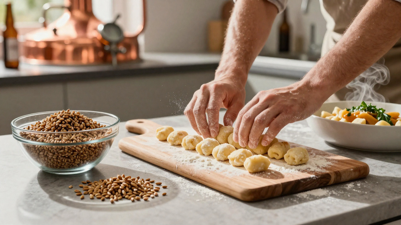 Person formt frische Gnocchi auf einem Holzbrett in einer hellen Küche mit Schüssel und Körnern daneben.