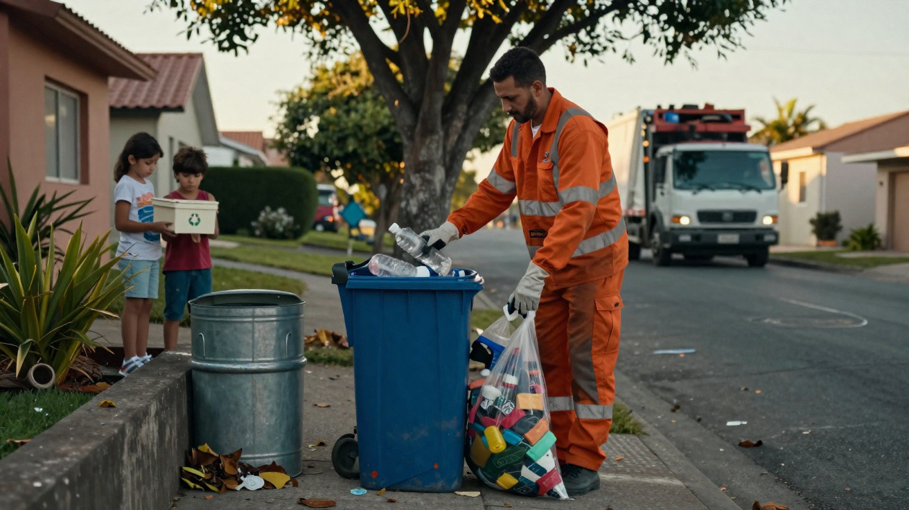Müllmann in orangener Schutzkleidung sortiert recycelbare Flaschen, zwei Kinder beobachten von der Straße aus.
