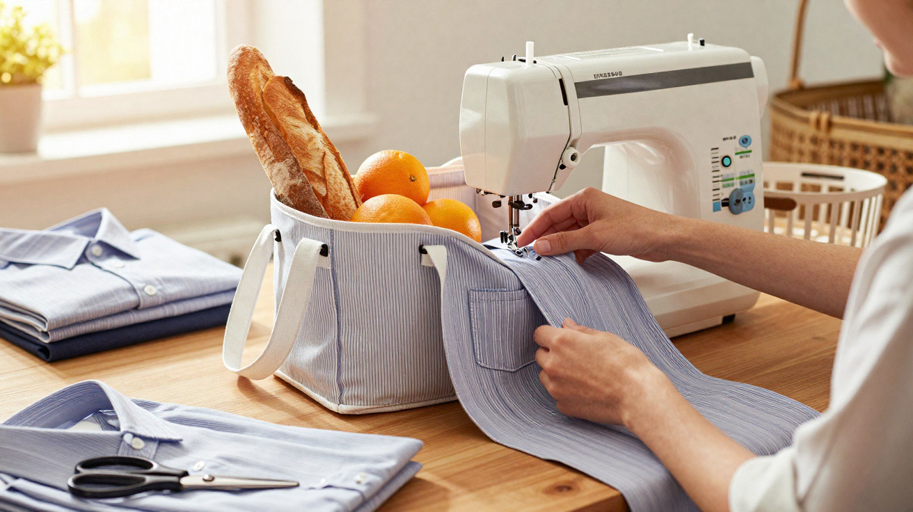 Person näht Stofftasche neben Nähmaschine, gefüllt mit Baguette und Orangen, auf Holztisch.