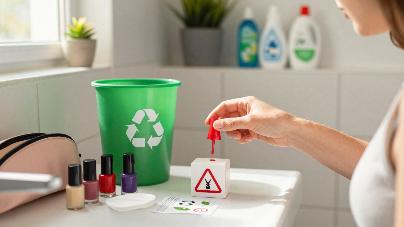 Frau testet Nagellack auf giftige Inhaltsstoffe, grüner Recyclingbehälter im Hintergrund im Badezimmer.
