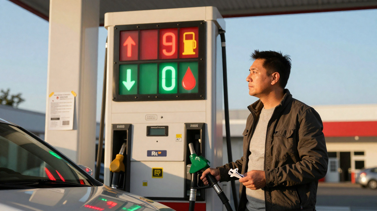 Mann an Tankstelle hält Zapfpistole vor Preistafel mit rotem Benzinpreis und grünem Dieselsymbol.