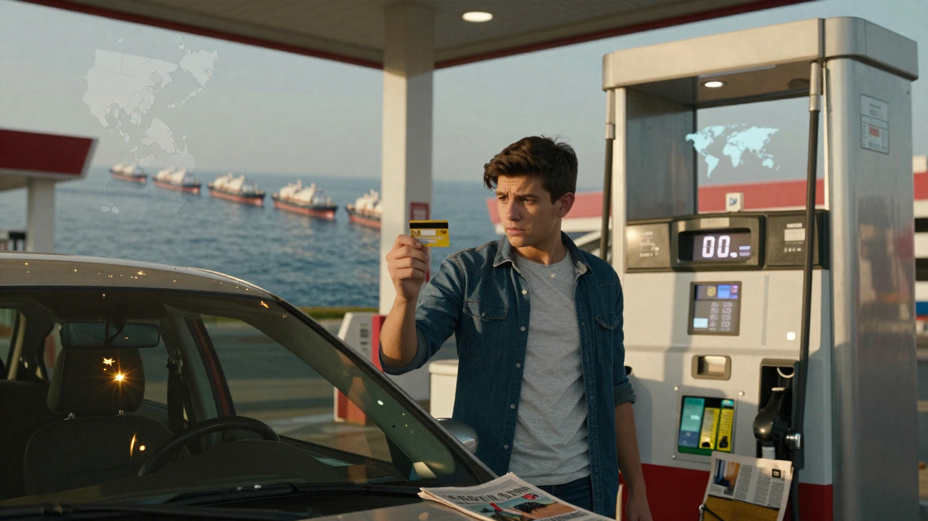 Junger Mann an Tankstelle zeigt Kreditkarte, im Hintergrund Meer mit mehreren Schiffen sichtbar.