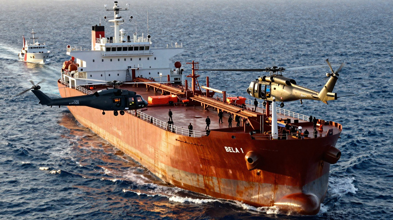 Großes Frachtschiff auf See mit zwei Militärhubschraubern und mehreren Personen an Deck.